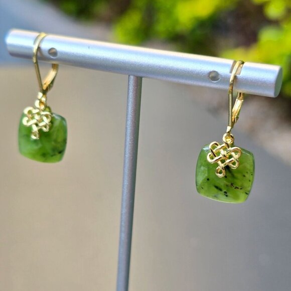 Dynasty Jade ✦ Nephrite Jade Drop Earrings ✦ 18k Gold Over Sterling Silver NWT - Picture 4 of 17